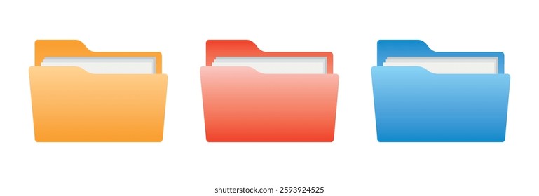 Folders for files. A collection of office folders with documents. An open folder of digital data. A set of red, yellow, and blue folders. Set of icons, logo. EPS 10. Vector illustration