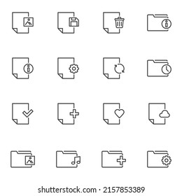Folders and files line icons set, outline vector symbol collection, linear style pictogram pack. Signs, logo illustration. Set includes icons as archive folder, document file, music gallery, info