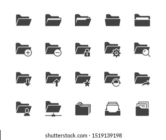 Folders flat glyph icons set.  Black minimal signs for web site. Silhouette pictogram pixel perfect.