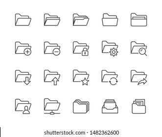 Folders flat line icons set. File catalog, document search, folder synchronization, local network vector illustrations. Outline minimal signs for web site. Pixel perfect. Editable Strokes.