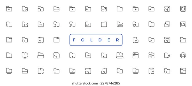 Los iconos de la línea plana de carpetas se establecen. Catálogo de archivos, búsqueda de documentos, sincronización de carpetas, ilustraciones de vectores de red locales. Esquema de signos mínimos para el sitio web

