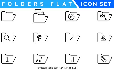 Folders flat line icons set. File catalog, document search, folder synchronization, local network vector illustrations. Outline minimal signs for web site