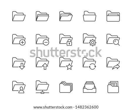 Folders flat line icons set. File catalog, document search, folder synchronization, local network vector illustrations. Outline minimal signs for web site. Pixel perfect. Editable Strokes.