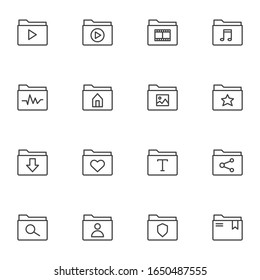 Folders gallery line icons set. linear style symbols collection, multimedia folder outline signs pack. vector graphics. Set includes icons as document file, sound, audio, video, music, image, download
