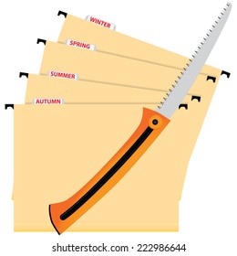 The folders for a gardener and a saw for cutting. Vector illustration. 