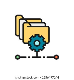 Folders with gear, project management, file setting flat color line icon.