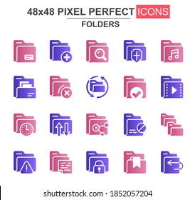 Folders glyph icon set. Add, delete, archive, media sources, security, search, lock, transfer, uploading unique icons. Flat vector bundle for UI UX design. 48x48 pixel perfect GUI pictograms pack.