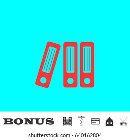 Folders icon flat. Red pictogram on blue background. Vector illustration symbol and bonus buttons Music center, corkscrew, credit card, house, drum