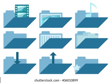 Folders icon set for web sites and user interface. Vector illustration. Opened folder collection. Folder with text, music, video, photo, image files