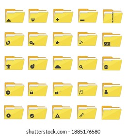 Los iconos de carpetas se establecen. Catálogo de archivos, búsqueda de documentos, sincronización de carpetas, multimedia, uso compartido, nube, ilustraciones vectoriales de seguridad. Esbozar signos mínimos para el sitio web. Pixel perfecto. Estroques editables.