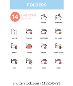 Folders - modern line design icons set. High quality black pictograms on white background. Upload, download, archive, warning, user, add, select, update, delete, lock, search, cloud, block