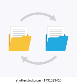 Folders with paper files. Files transfer. Documents management. Copy files, data exchange, backup Vector illustration