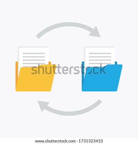 Folders with paper files. Files transfer. Documents management. Copy files, data exchange, backup Vector illustration