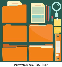 Folders with pen, pencil and note reminder sticker, documents folder set with magnifying glass, paper sheets. Vector office document icon