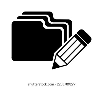 Folders with pencil, organizing documents, files and paperwork, office archive, graphic, outline, vector, illustration in black and white color, isolated on white background
