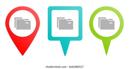 folders, pin icon. Multicolor pin vector icon, diferent type map and navigation point.