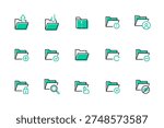 Folders - set of line design style icons. Office work, documents and files management idea. Download, archive, warning, block, add, select, upload, update, delete, lock, search, cloud