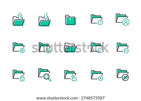 Folders - set of line design style icons. Office work, documents and files management idea. Download, archive, warning, block, add, select, upload, update, delete, lock, search, cloud