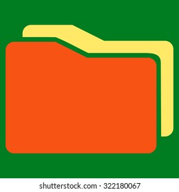 Folders vector icon. Style is bicolor flat symbol, orange and yellow colors, rounded angles, green background.