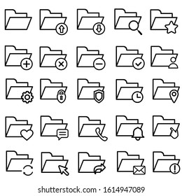 Folders Vector Icons Set. File Catalog Illustration Sign Collection. Document Search Symbol. Local Network Illustrations.