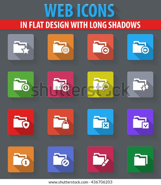 Folders web\
icons in flat design with long\
shadows