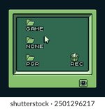 Folders window pixel art design, play, retro 80s console gaming app, game boy interface, video game, flat style, old school computer graphic design, 8-bit sprite, game assets, vector illustration.