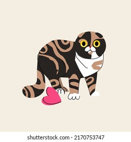 Foldex encontró una raza de gatos con juguete al corazón sobre fondo beige. Ilustración plana de caracteres vectoriales de mascota