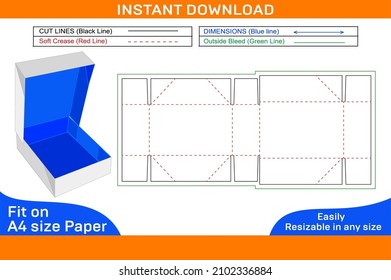 Folding 6 corner packaging box dieline template and 3D render file with 3D box