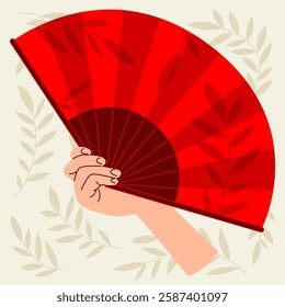 Folding Asian Red Hand Fan, Open View, with hand. Traditional cultural design with leaves pattern, background, banner