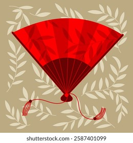 Folding Asian Red Hand Fan, Open View, with hand. Traditional cultural design with leaves pattern, background, banner