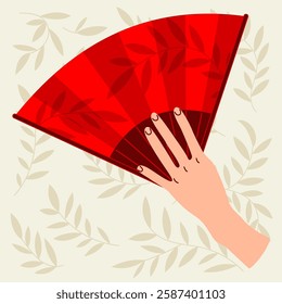 Folding Asian Red Hand Fan, Open View, with hand. Traditional cultural design with leaves pattern, background, banner