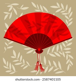 Folding Asian Red Hand Fan, Open View. Traditional cultural design with leaves pattern, background, banner