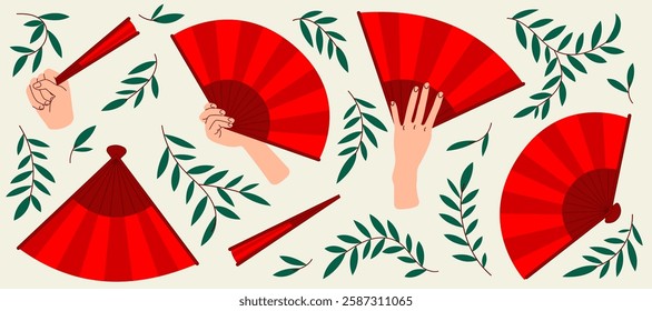 Folding Asian Red Hand Fans Set, Open and Close View, with hand. Traditional cultural design with leaves pattern, background, banner