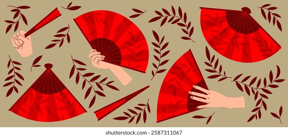 Folding Asian Red Hand Fans Set, Open and Close View, with hand. Traditional cultural design with leaves pattern, background, banner