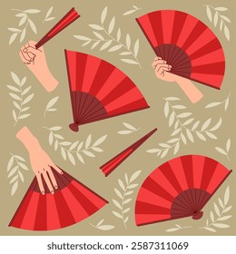 Folding Asian Red Hand Fans Set, Open and Close View, with hand. Traditional cultural design with leaves pattern, background, banner