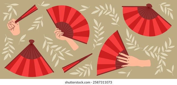 Folding Asian Red Hand Fans Set, Open and Close View, with hand. Traditional cultural design with leaves pattern, background, banner