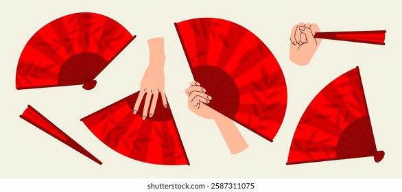 Folding Asian Red Hand Fans Set, Open and Close View, with hand. Traditional cultural design with leaves pattern, background, banner