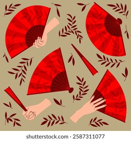 Folding Asian Red Hand Fans Set, Open and Close View, with hand. Traditional cultural design with leaves pattern, background, banner