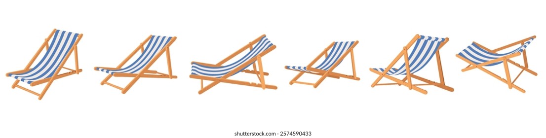 Folding beach chair from different angles. Front, back, top, side views.