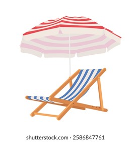 Folding beach chair with umbrella. Hand drawn beach and garden furniture. 