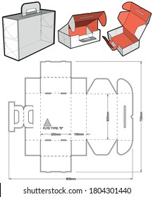 Folding Box With Handle (Internal measurement 30x20x10cm) and Die-cut Pattern. The .eps file is full scale and fully functional. Prepared for real cardboard production.