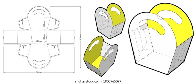 Folding Box With Handle (Internal measurement 12x10x10cm) and Die-cut Pattern. The .eps file is full scale and fully functional. Prepared for real cardboard production.