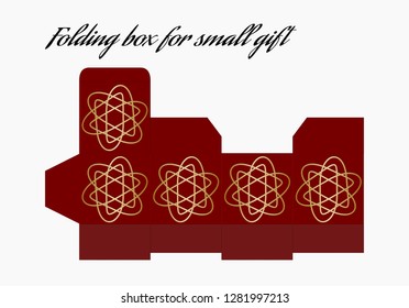 Folding box template, container for small gift, template with print patterns in gold and red design.