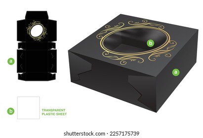 folding cake box with ellipse frame window on top die cut template and 3D mockup