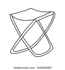 Folding camp stool. Hand drawn vector illustration in doodle style on white background. Isolated black outline. Camping equipment.