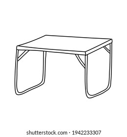 Mesa del campamento plegable. Ilustración vectorial dibujada a mano en estilo doodle sobre fondo blanco. Esquema negro aislado. Equipo de campamento.