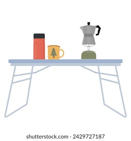 Folding camping table with kitchen equipment. Outdoor furniture with portable stove, coffee maker and travel mugs. Flat vector graphic illustration, isolated on white background. 