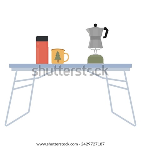 Folding camping table with kitchen equipment. Outdoor furniture with portable stove, coffee maker and travel mugs. Flat vector graphic illustration, isolated on white background. 
