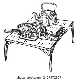 Klappbarer Campingtisch Skizze. Clipart von kompakten Picknicktisch mit Essen. Handgezeichnete Vektor-Illustration isoliert auf weiß.