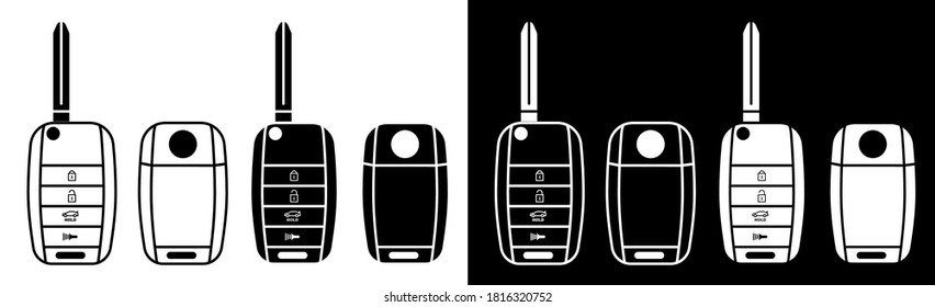 Folding car key. Car alarm, key fob. black and white vector in flat and linear style